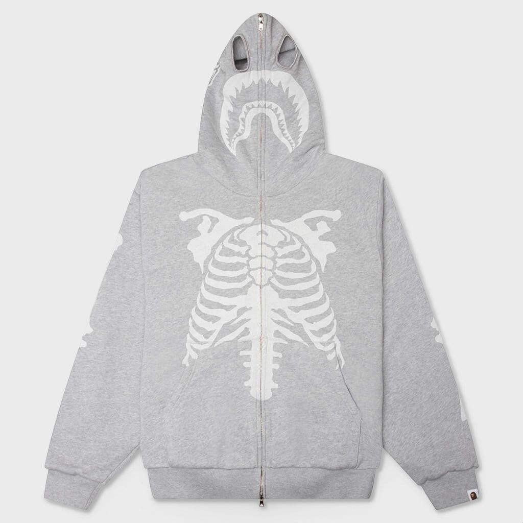 Skeleton Shark Heavy Washed Cropped Fit Full Zip Hoodie - Gray