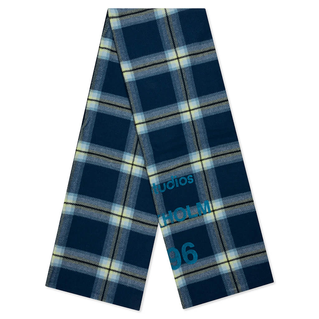 Wool Logo Print Checked Scarf - Dark Blue/Light Blue