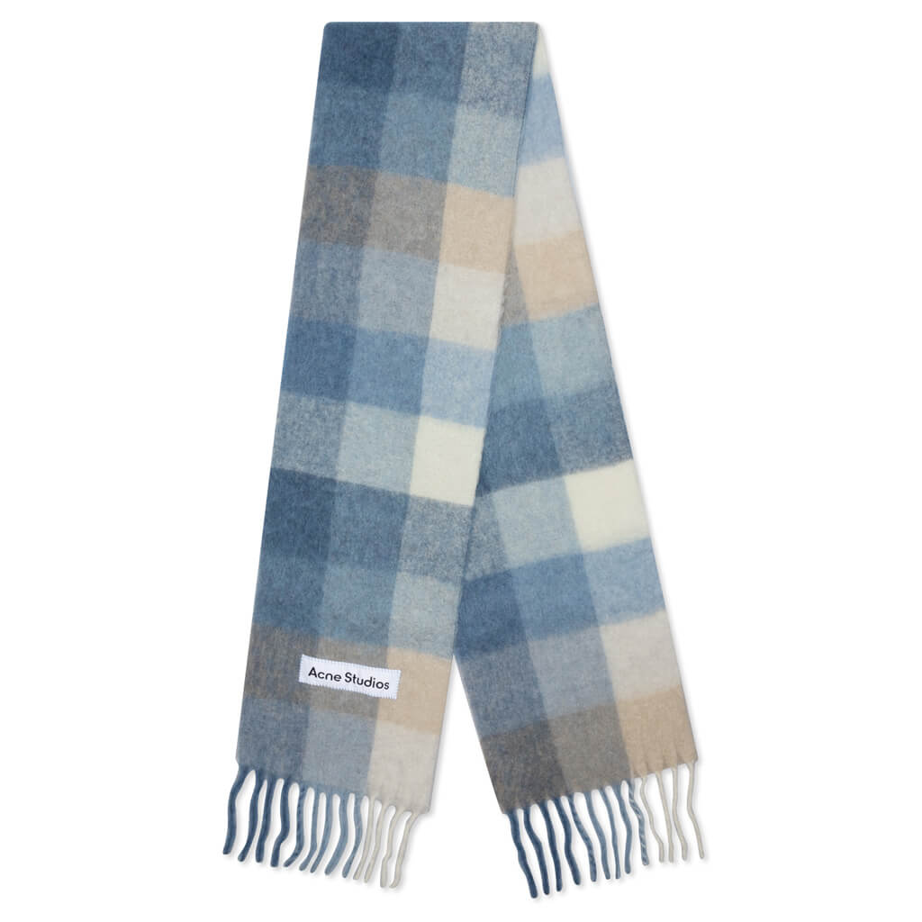 Mohair Checked Scarf - Pastel Blue/Beige