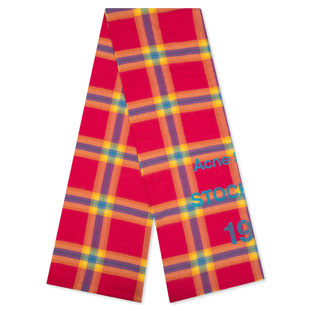 Wool Logo Print Checked Scarf - Fuchsia/Yellow