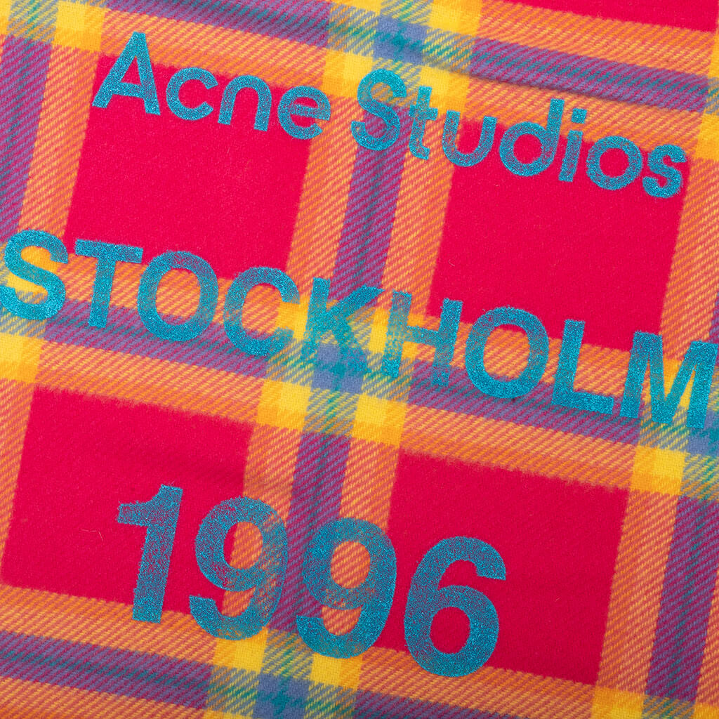Wool Logo Print Checked Scarf - Fuchsia/Yellow