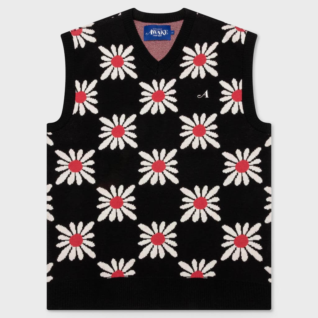 Checkered Floral Sweater Vest - Black Floral