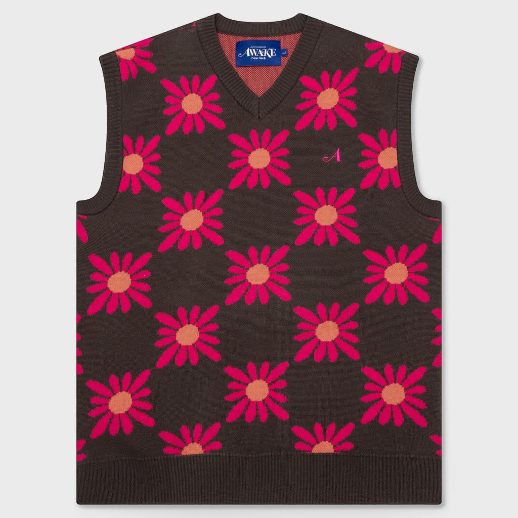 Checkered Floral Sweater Vest - Brown Floral