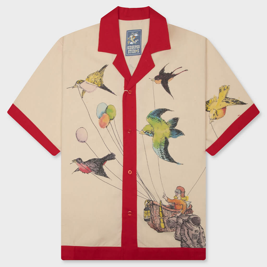 Balloon Birds Button Up Shirt - Cream Red
