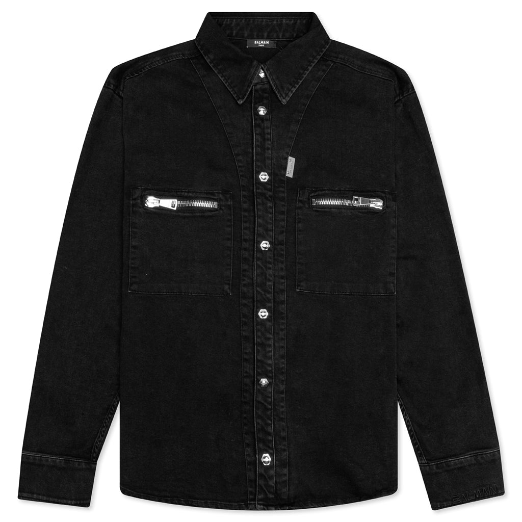 Zipped Pockets Denim Overshirt - Noir Delave