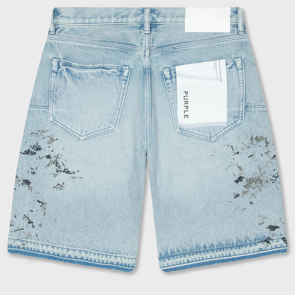 Beaded Splatter Denim Shorts - Light Indigo