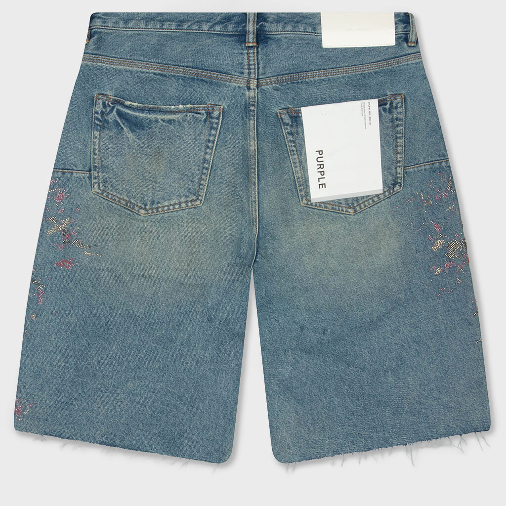 Beaded Splatter Denim Shorts  - Mid Indigo