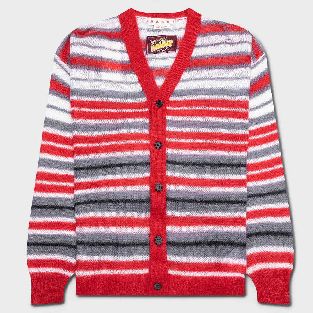 Logo-Embroidered Striped Mohair-Blend Cardigan - Red/Grey