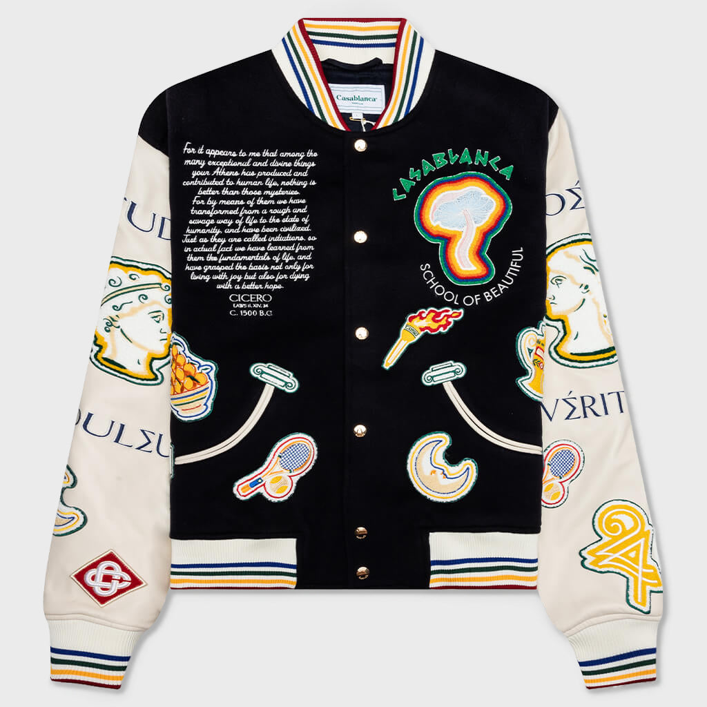Chenille Embroidered Patchwork Bomber Jacket - Navy/Off-White
