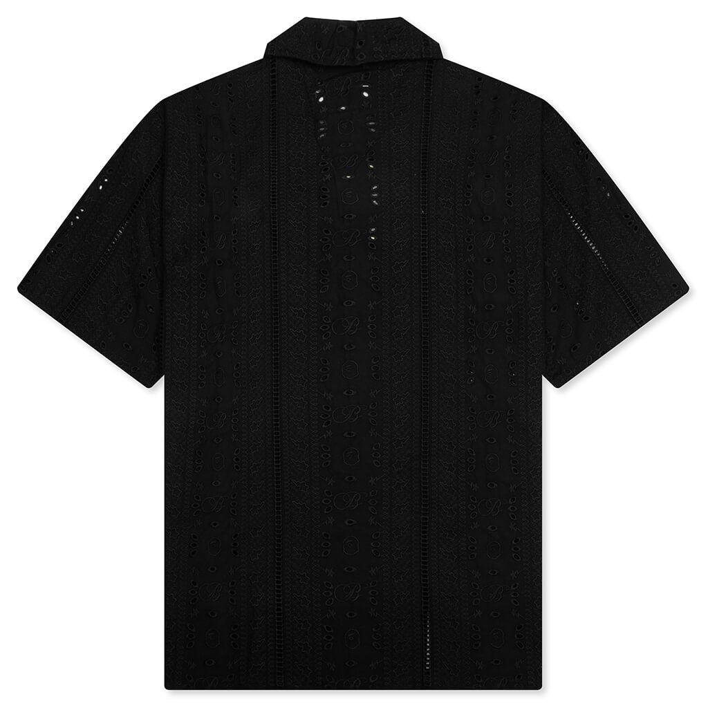 Embroidery Open Collar S/S Shirt - Black
