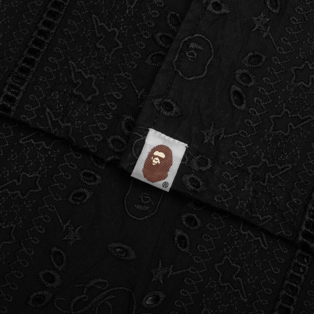 Embroidery Open Collar S/S Shirt - Black