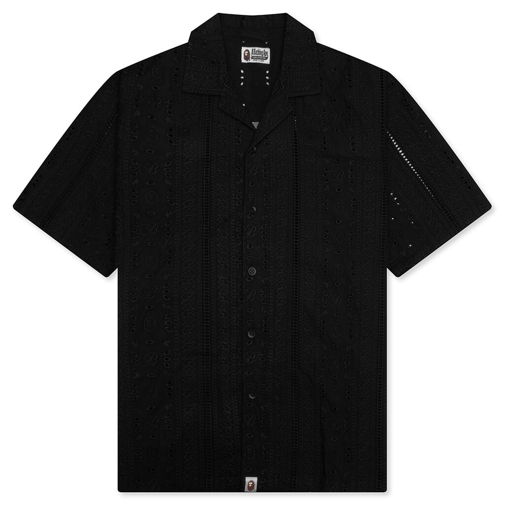 Embroidery Open Collar S/S Shirt - Black