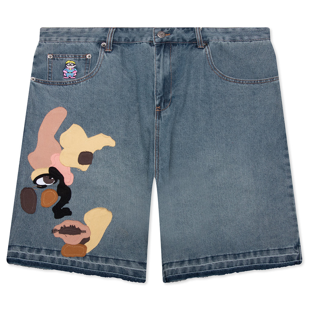 Face Patchwork Baggy Shorts - Light Wash