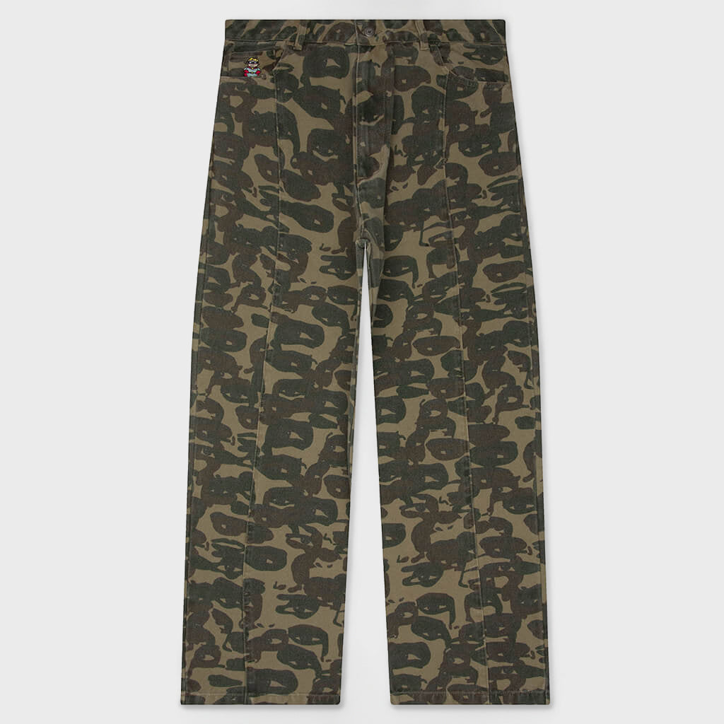 Face Camo Wide Leg Jean - Dark Green