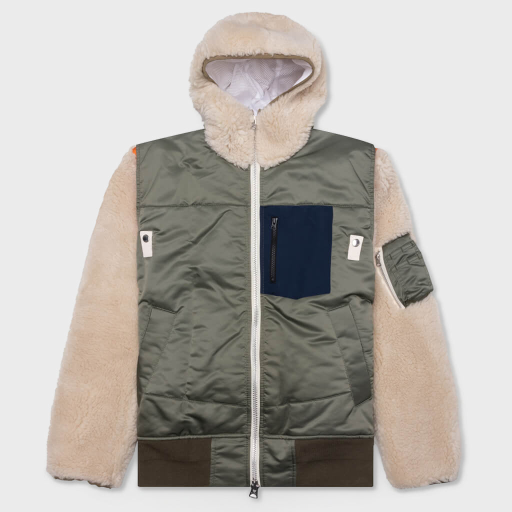 Faux Shearling Nylon Twill Blouson - Khaki/Ecru