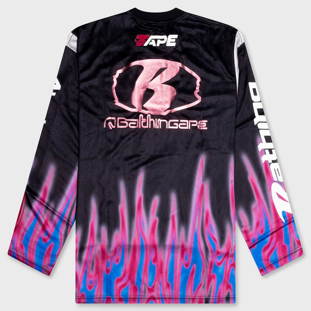 Flame Pattern Multilogo Relaxed Fit Football Jersey - Black