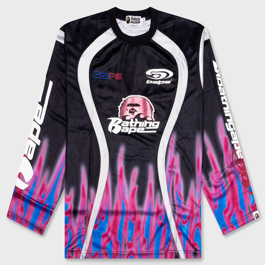 Flame Pattern Multilogo Relaxed Fit Football Jersey - Black