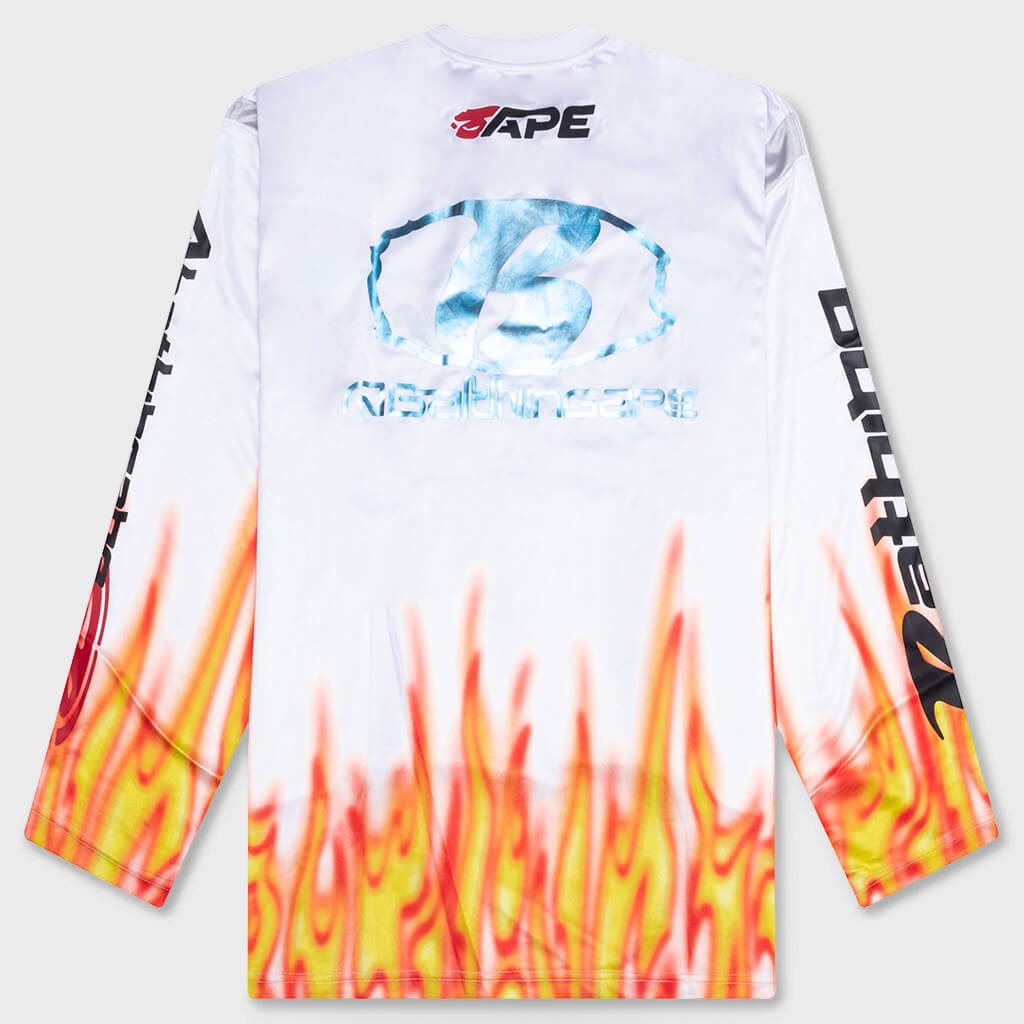 Flame Pattern Multilogo Relaxed Fit Football Jersey - White