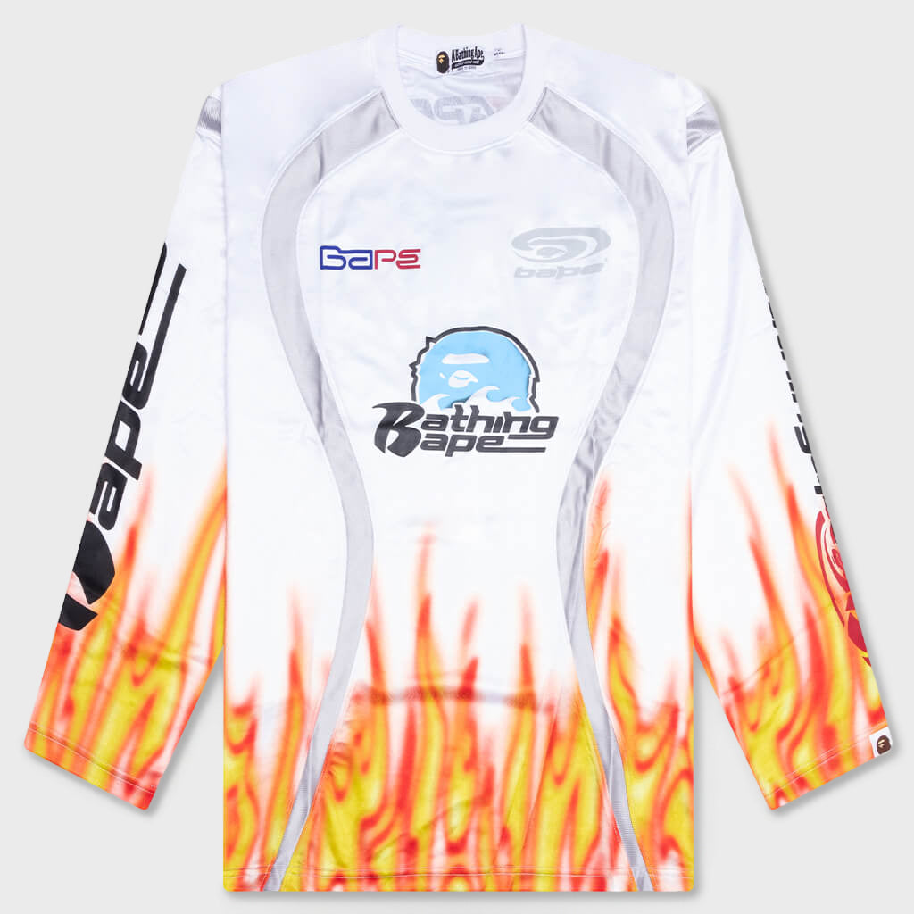 Flame Pattern Multilogo Relaxed Fit Football Jersey - White