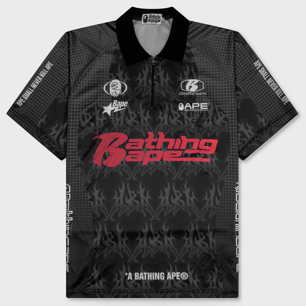 Flame Pattern Overall Print Half Zip Relax Fit Polo Shirt - Black