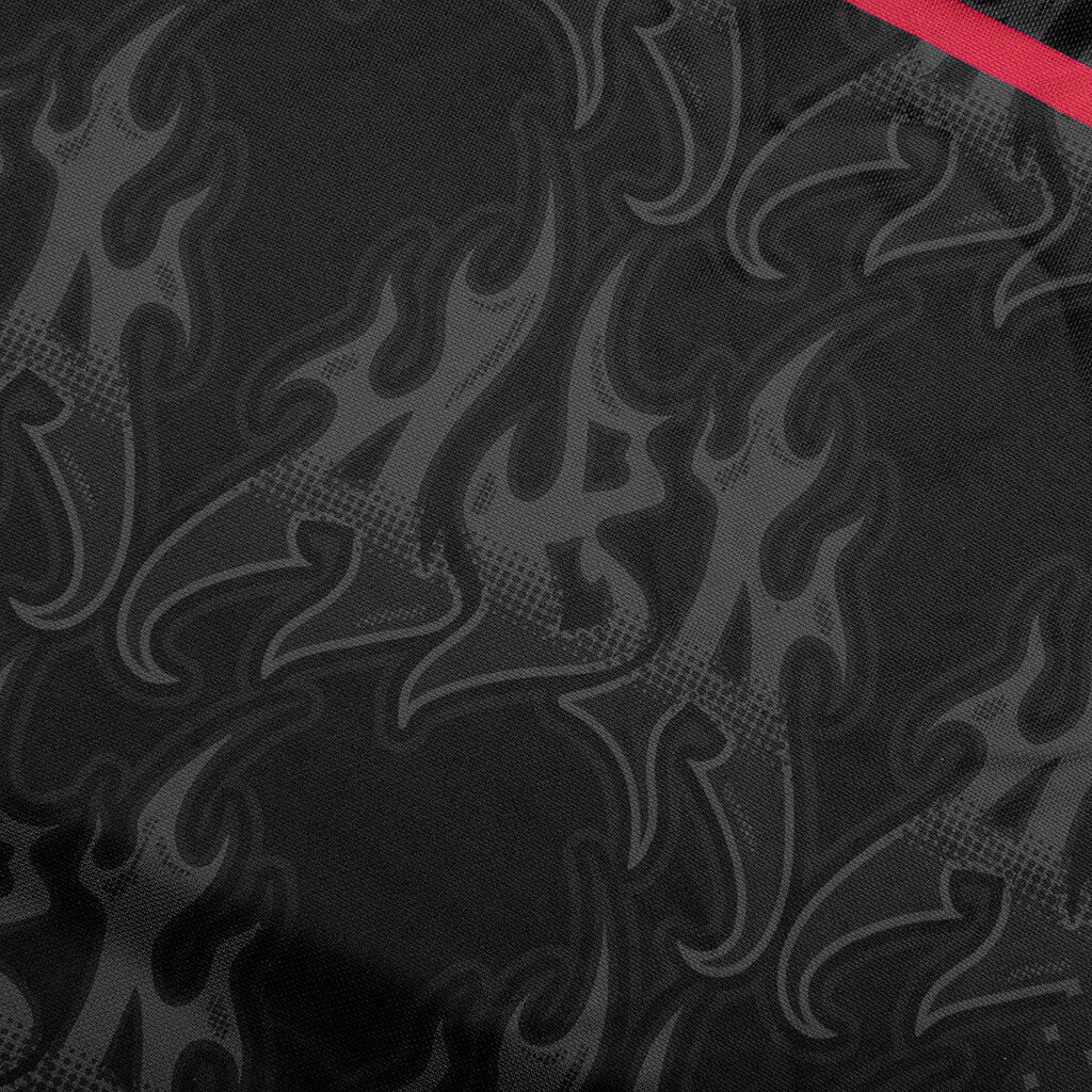 Flame Pattern Overall Print Half Zip Relax Fit Polo Shirt - Black