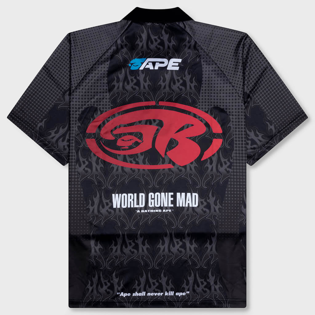 Flame Pattern Overall Print Half Zip Relax Fit Polo Shirt - Black