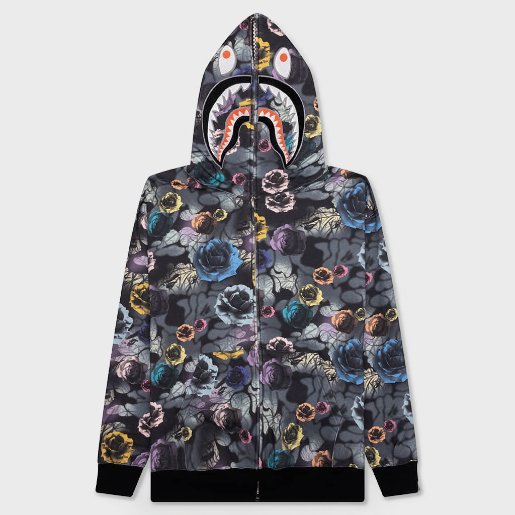 Floral Camo Shark Relaxed Fit Full Zip Hoodie - Black