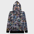 Floral Camo Shark Relaxed Fit Full Zip Hoodie - Black