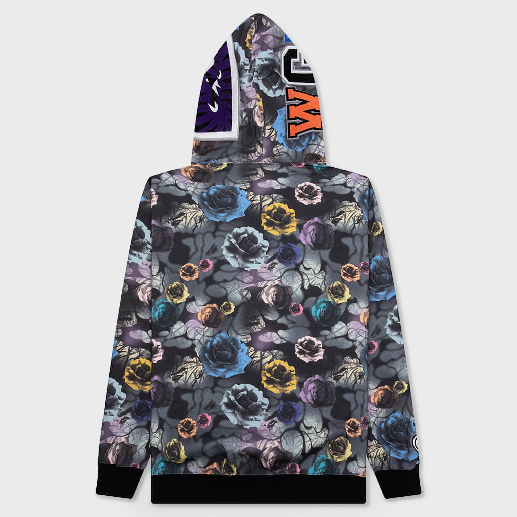 Floral Camo Shark Relaxed Fit Full Zip Hoodie - Black