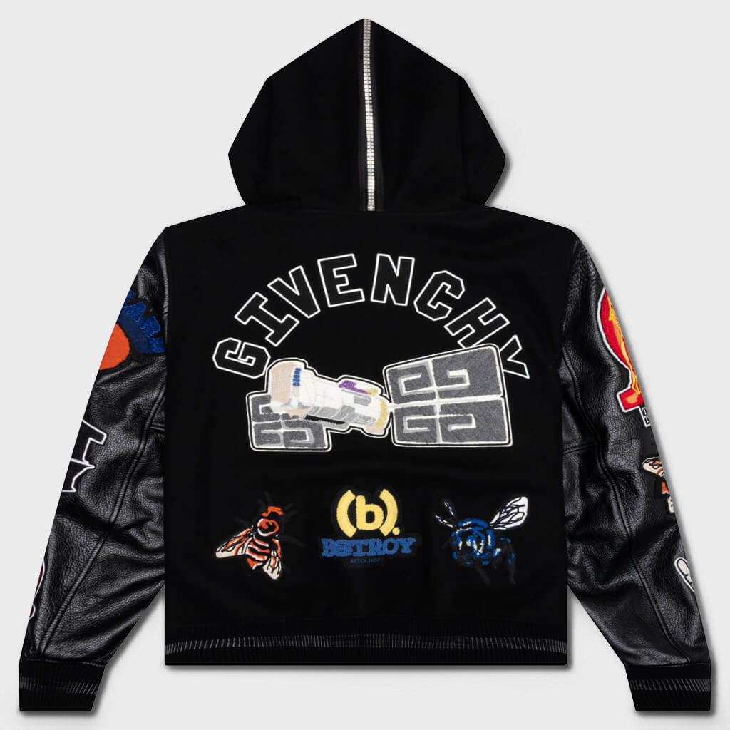 Wool and Leather Hooded Varsity Jacket - Black