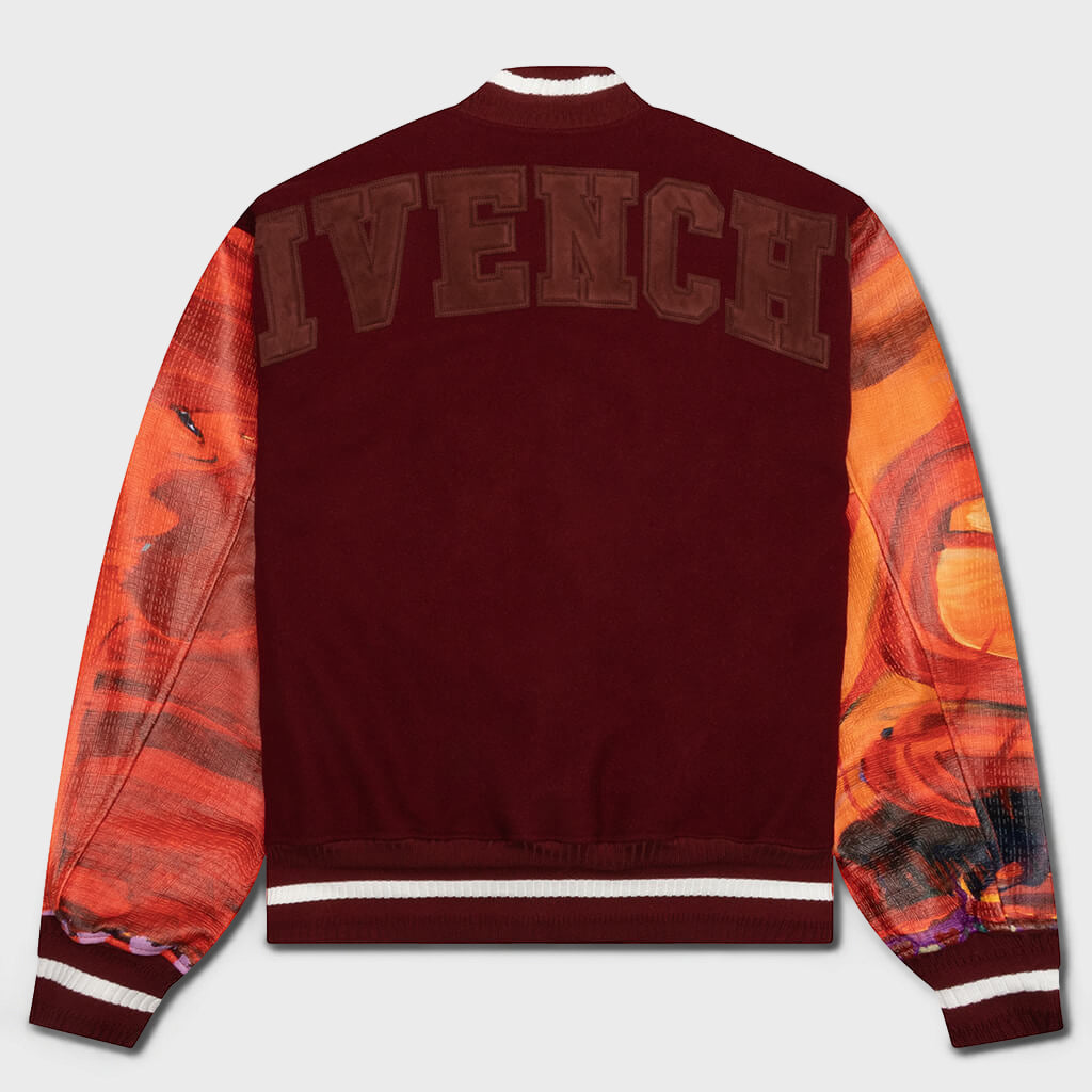 Mix Material Leather Bomber w/ Embroidery - Red/Burgundy