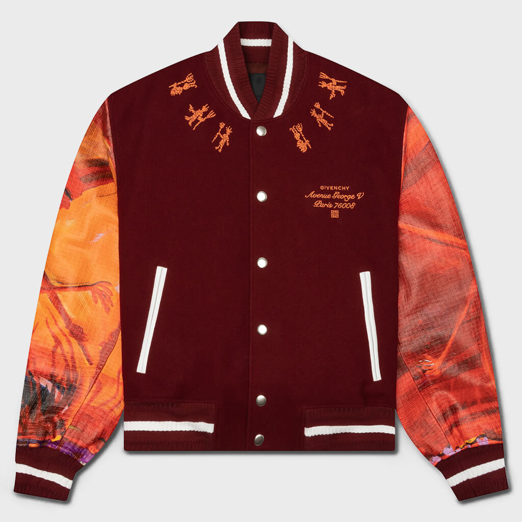 Mix Material Leather Bomber w/ Embroidery - Red/Burgundy
