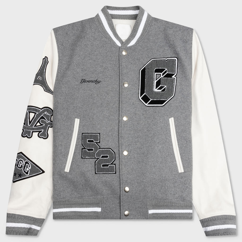 Varsity Bomber Jacket w/ Patches - Grey/White