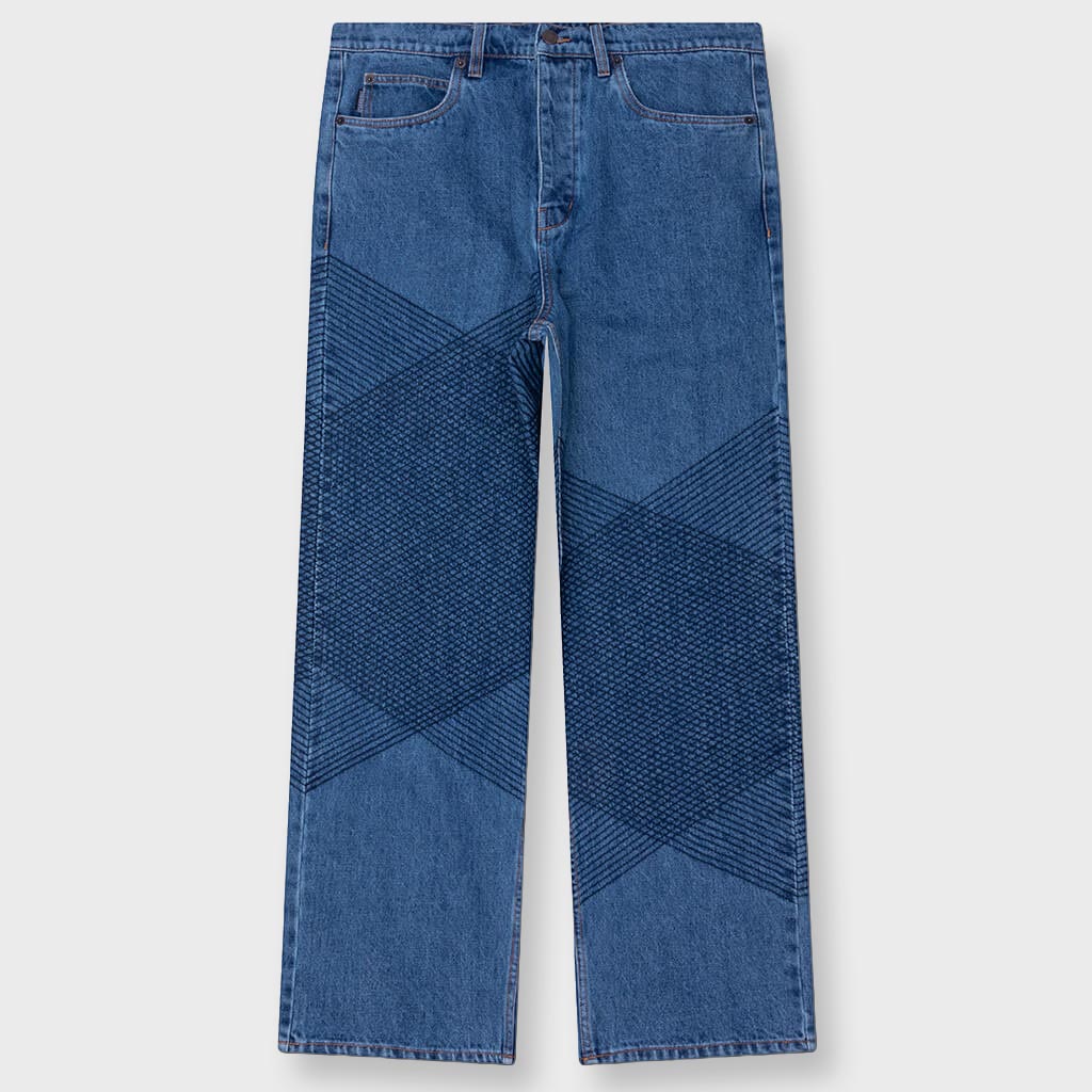 Grid Embroidered Baggy Jeans - Indigo