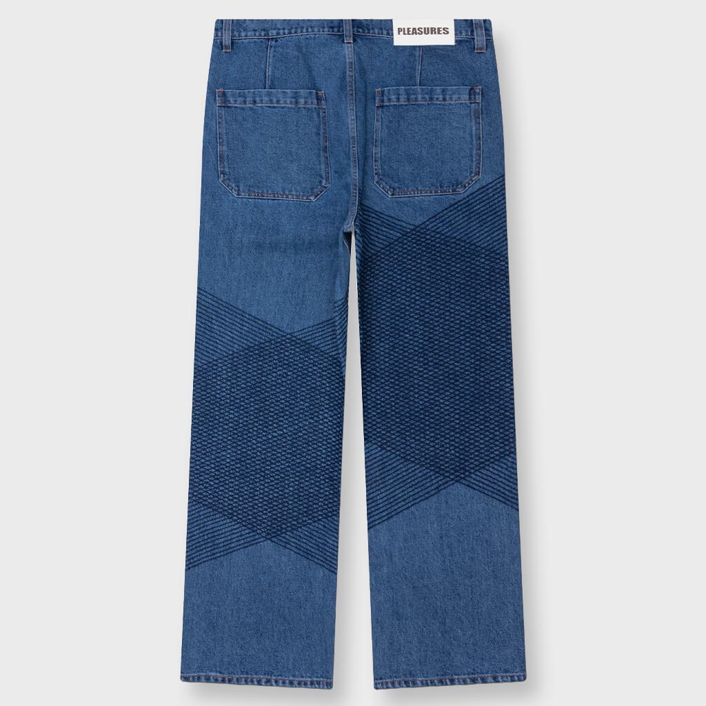 Grid Embroidered Baggy Jeans - Indigo