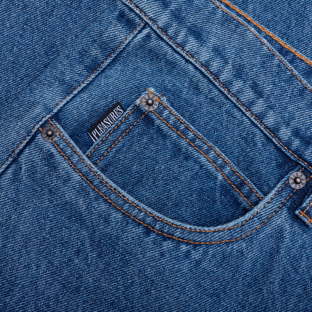 Grid Embroidered Baggy Jeans - Indigo