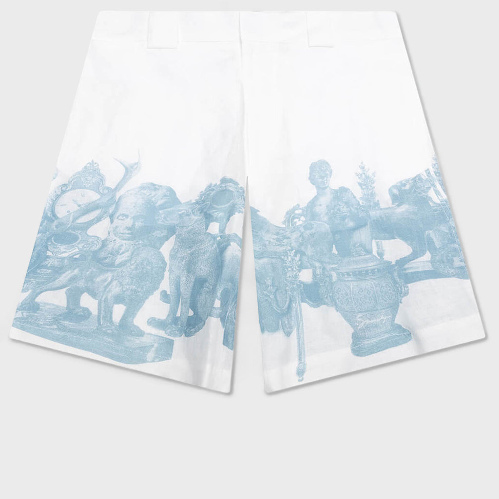 Linen Bermuda Hawaiian Shorts with Hubert Objects Print - Blue/White