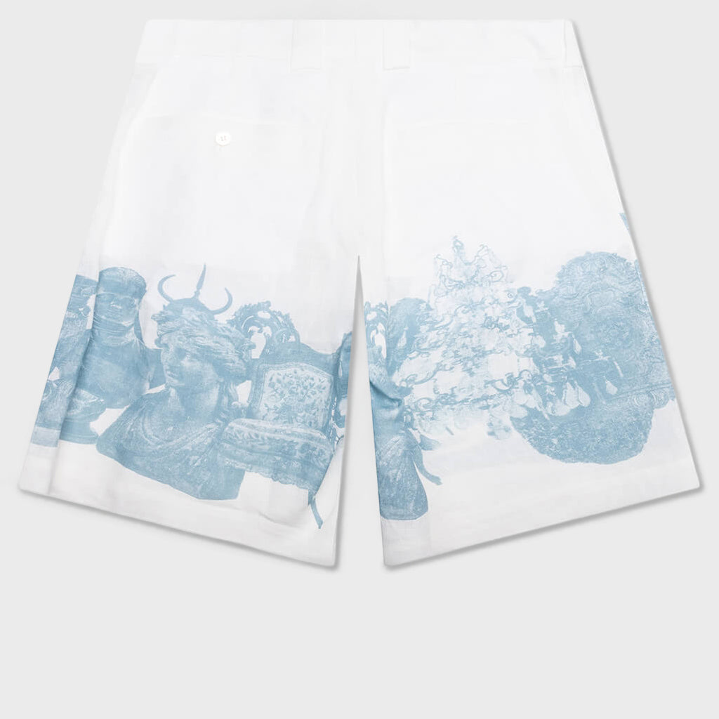 Linen Bermuda Hawaiian Shorts with Hubert Objects Print - Blue/White