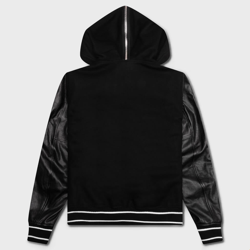 Hooded Varsity Jacket in Wool and Leather - Black
