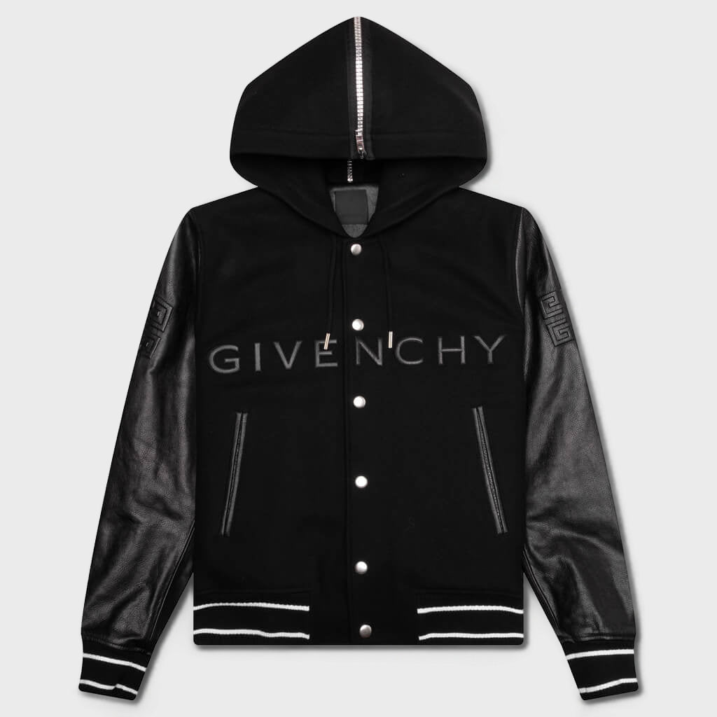 Hooded Varsity Jacket in Wool and Leather - Black