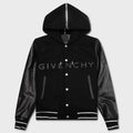 Hooded Varsity Jacket in Wool and Leather - Black
