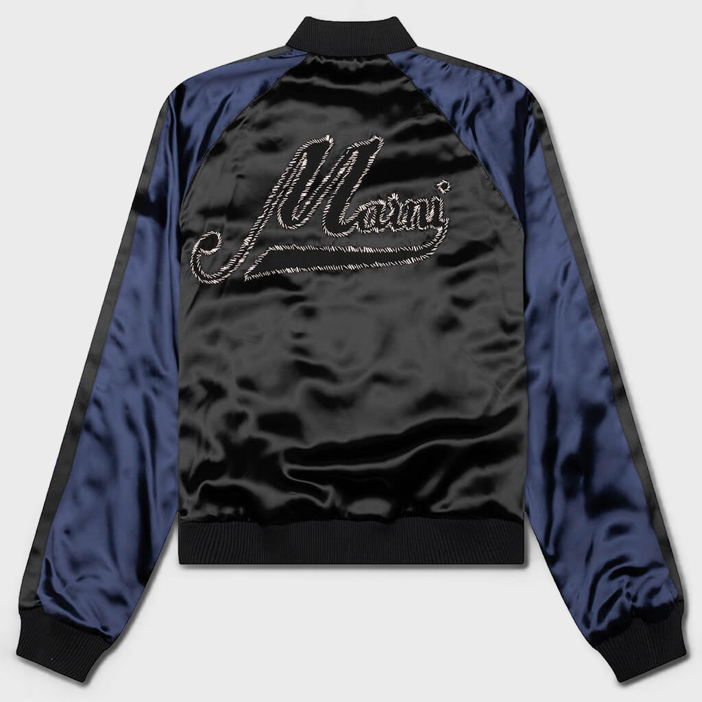 Black Satin Bomber with Beaded Logo - Black