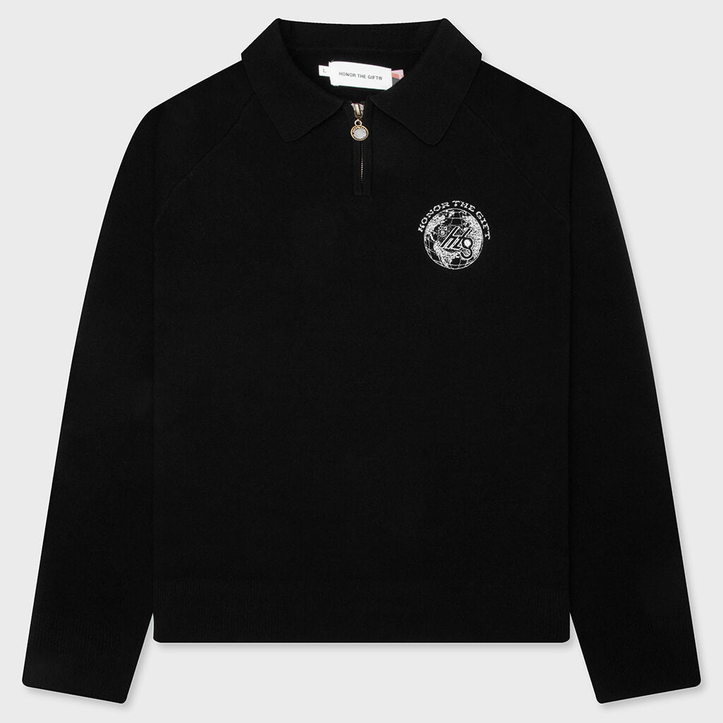Knitted Zip L/S Polo - Black