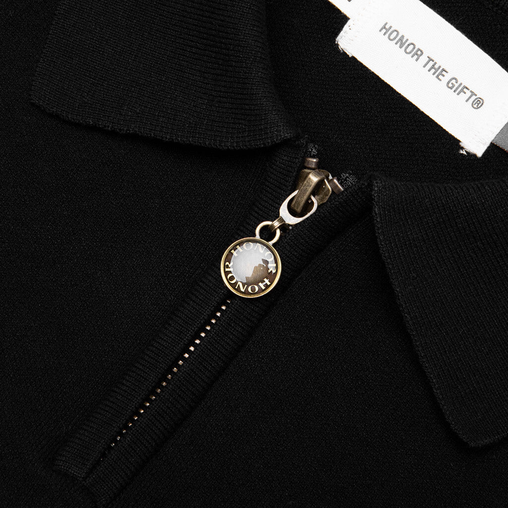 Knitted Zip L/S Polo - Black