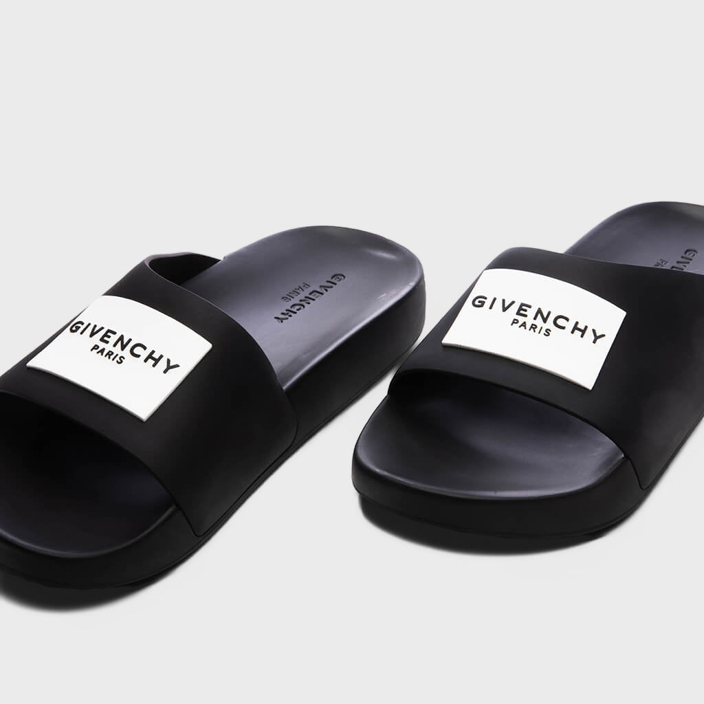 Label Slide Flat Sandals - Black