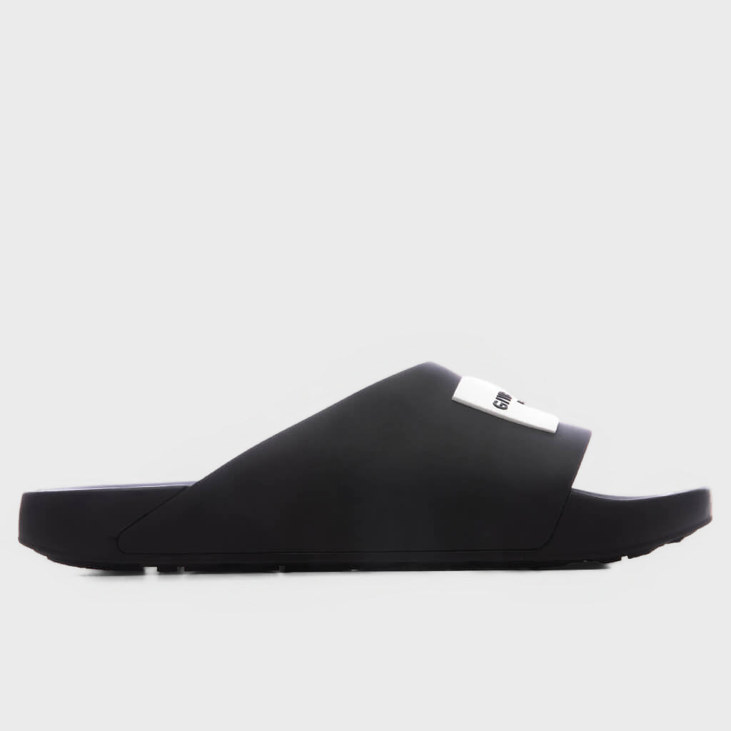 Label Slide Flat Sandals - Black