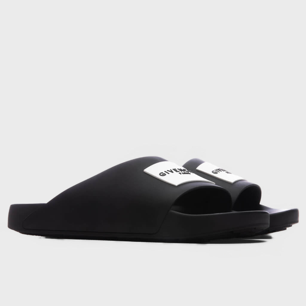 Label Slide Flat Sandals - Black