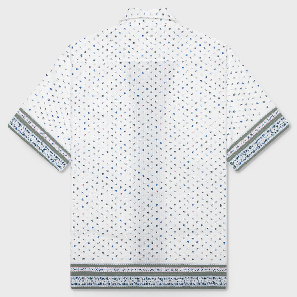 Floral Print Boxy Fit Shirt in Cotton Seersucker - Cream/Green
