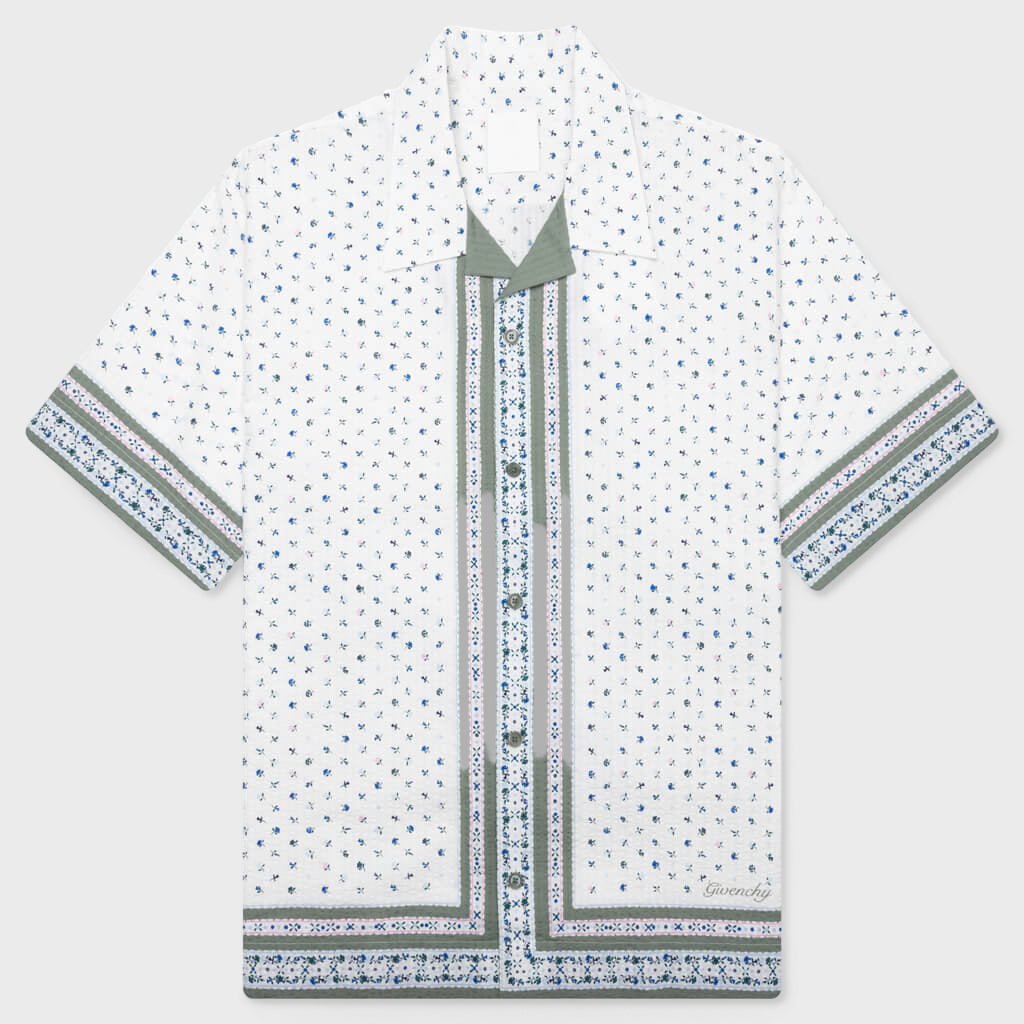 Floral Print Boxy Fit Shirt in Cotton Seersucker - Cream/Green