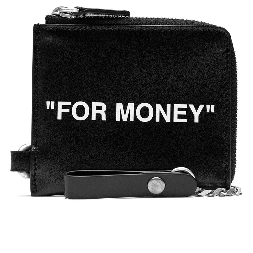 Calf Skin Quote Chain Wallet - Black/White